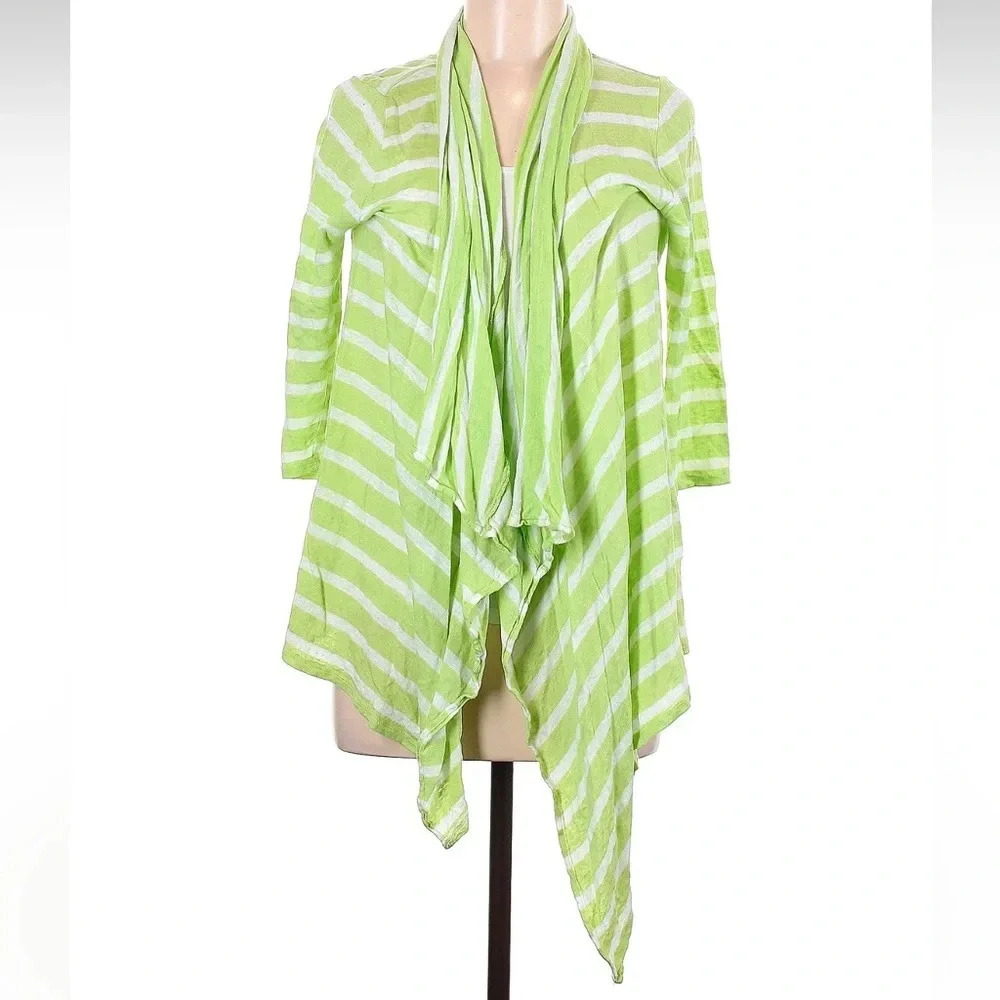 J. Jill Open Front 100% Linen Cardigan Sweater Celery Green Stripe Size Medium M